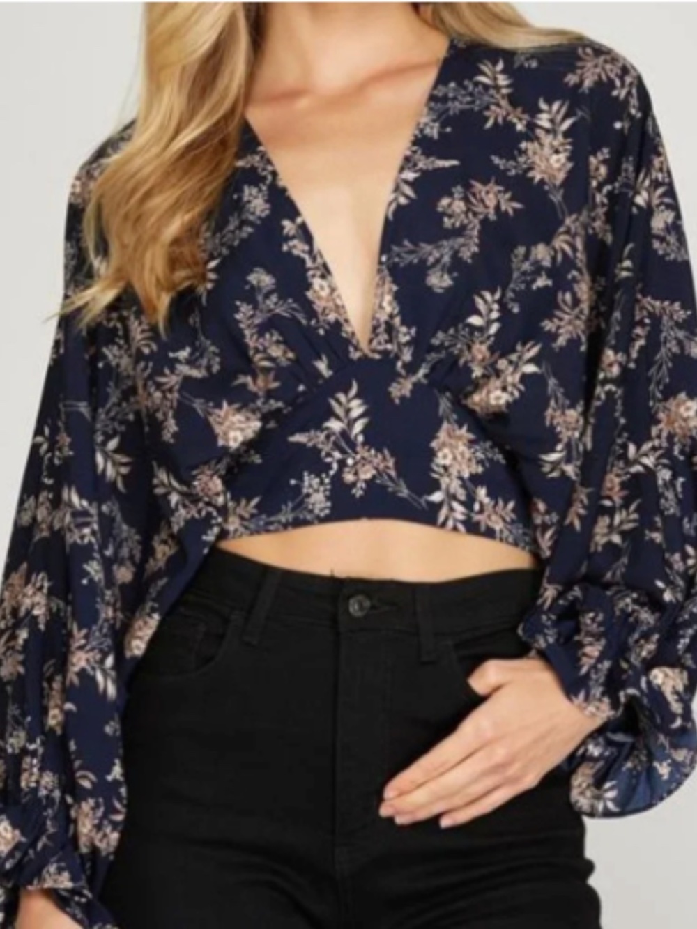 She + Sky Navy Blouse With Floral Accents